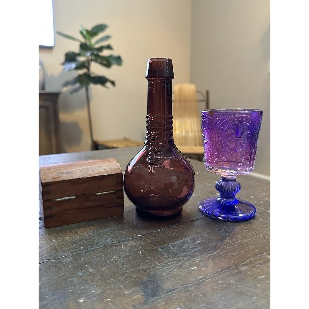 Witchy Decor Bundle – Ball & Claw Bitters Bottle, Purple Goblet & Treasure Chest